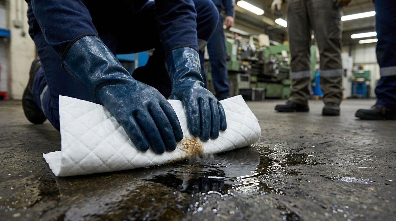 Worker applying an absorbent pad to an oil spill on a workshop floor