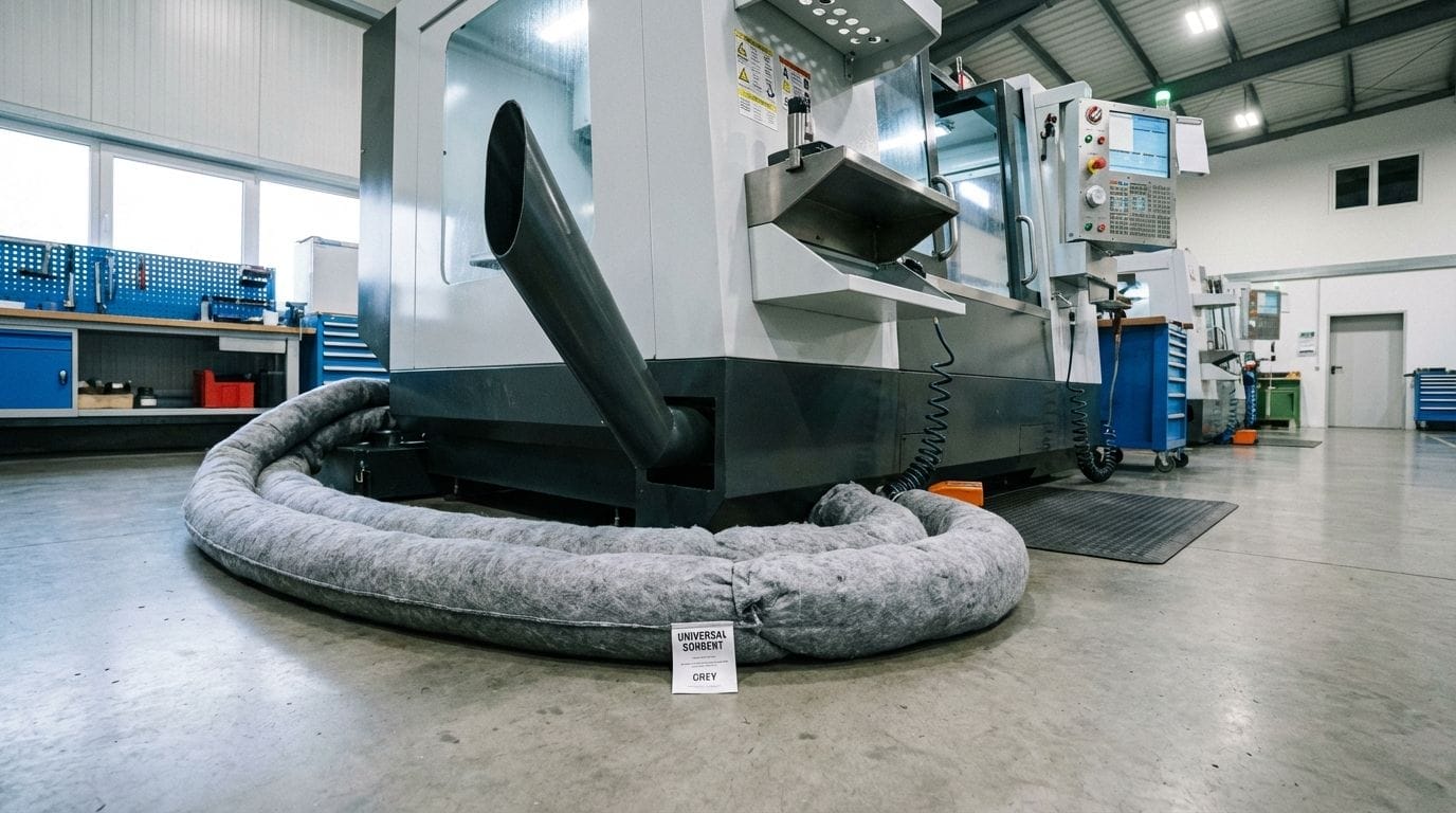 Grey universal absorbent sock placed at the base of a CNC machine for coolant containment