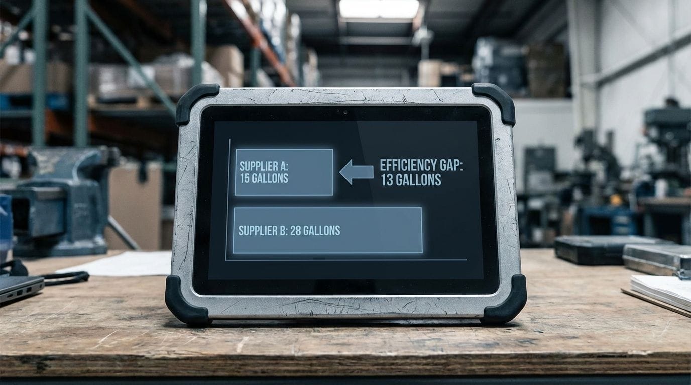 A digital display showing a comparison between 15 Gallons and 28 Gallons of absorbency.