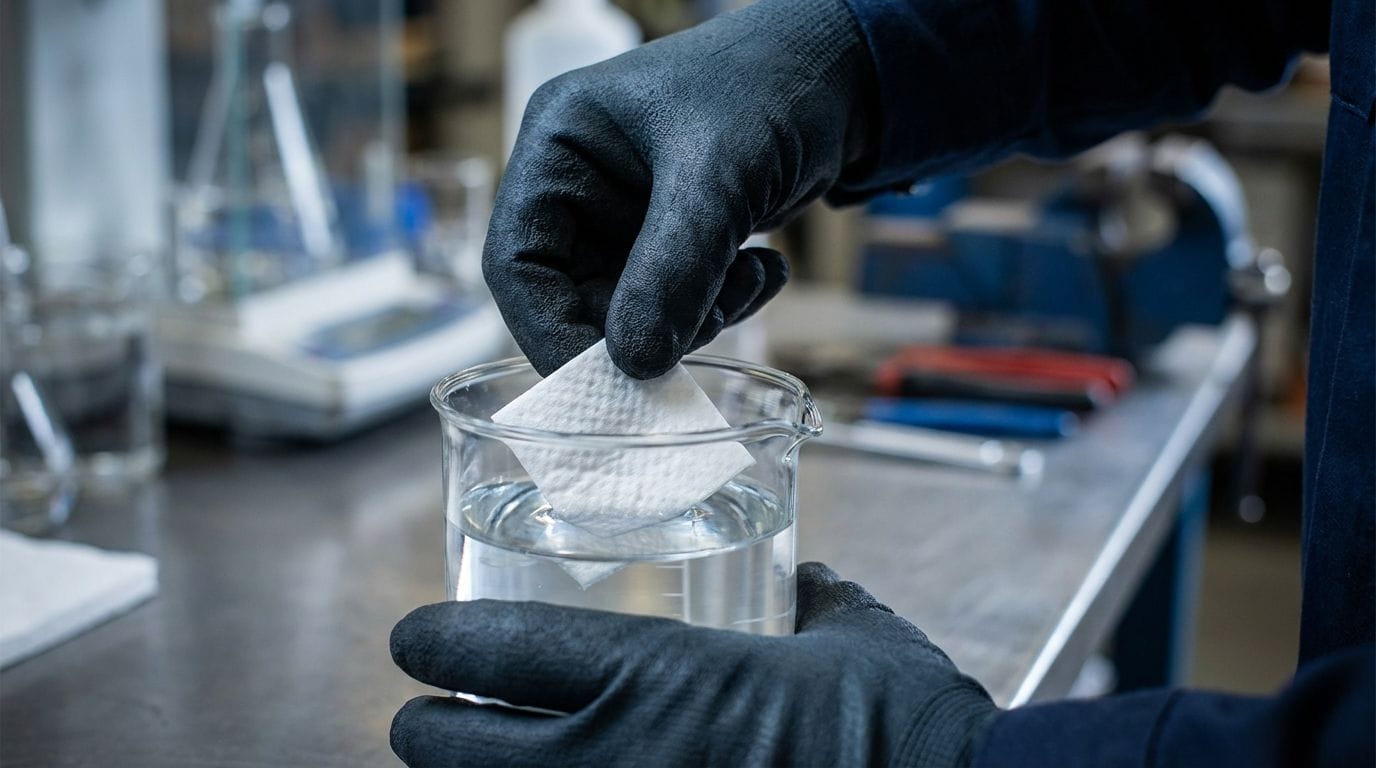 Close-up of gloved hands performing a float test with a white absorbent pad in water.