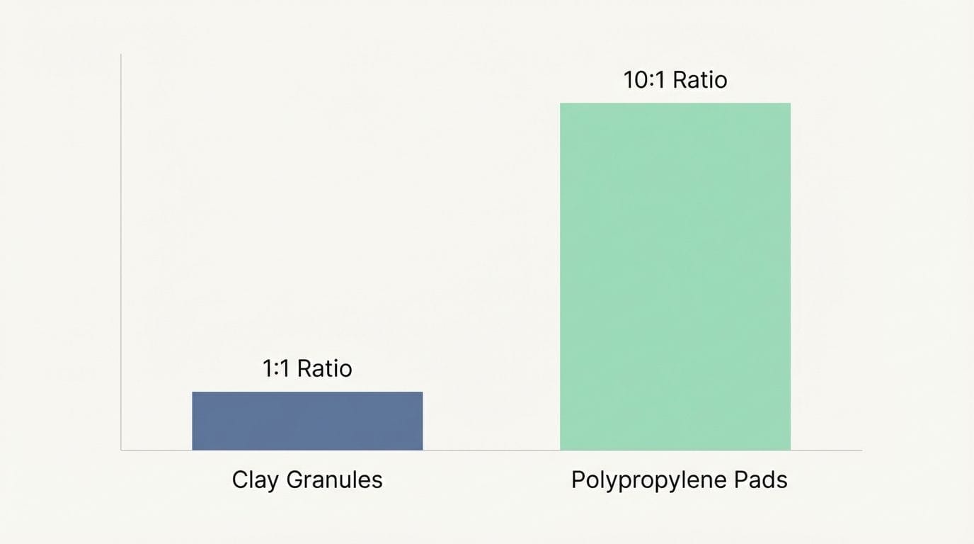 Absorption capacity chart comparing clay and polypropylene sorbent materials