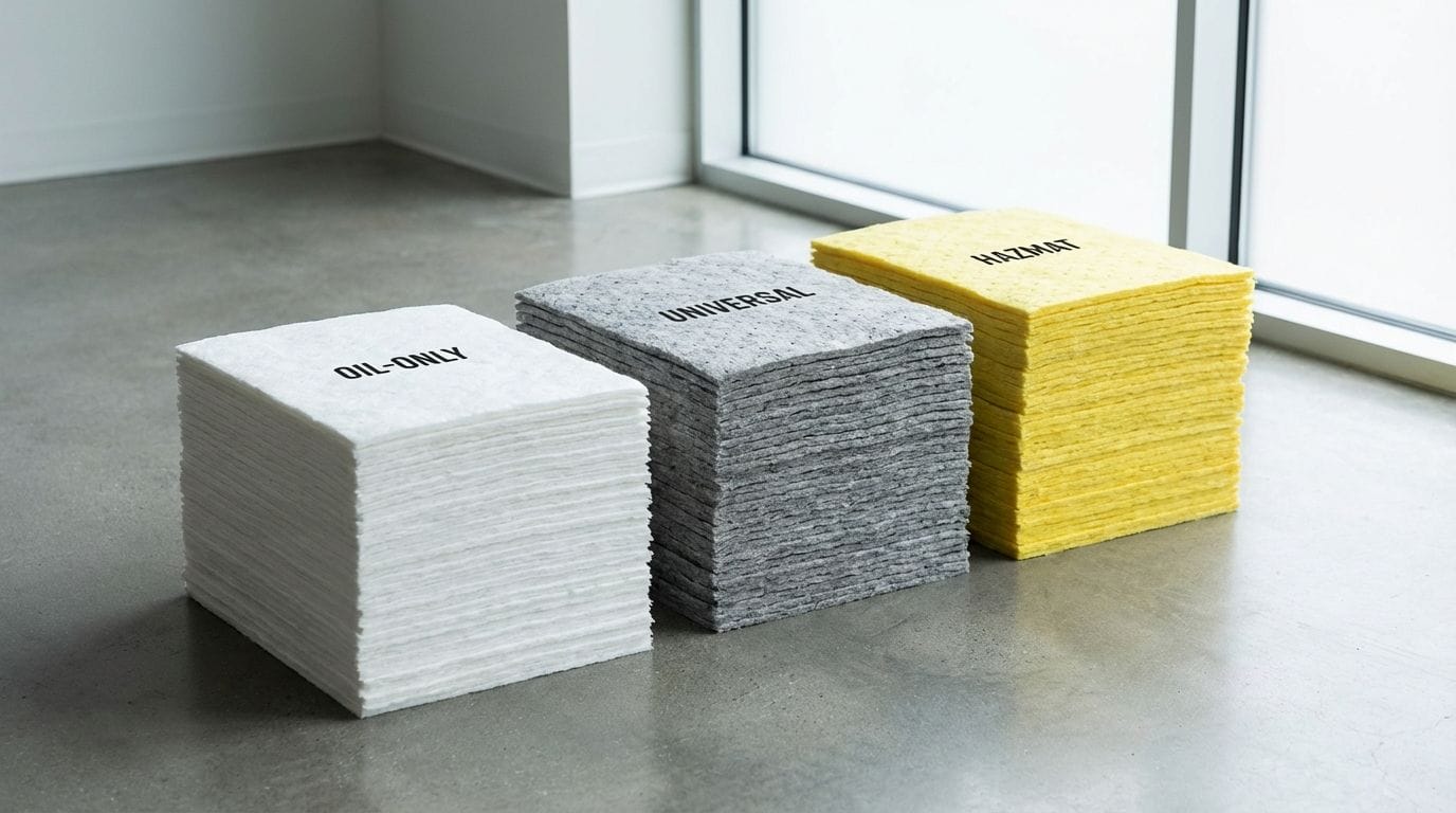 Three distinct stacks of absorbent pads: White for oil-only, Grey for universal, and Yellow for hazmat.