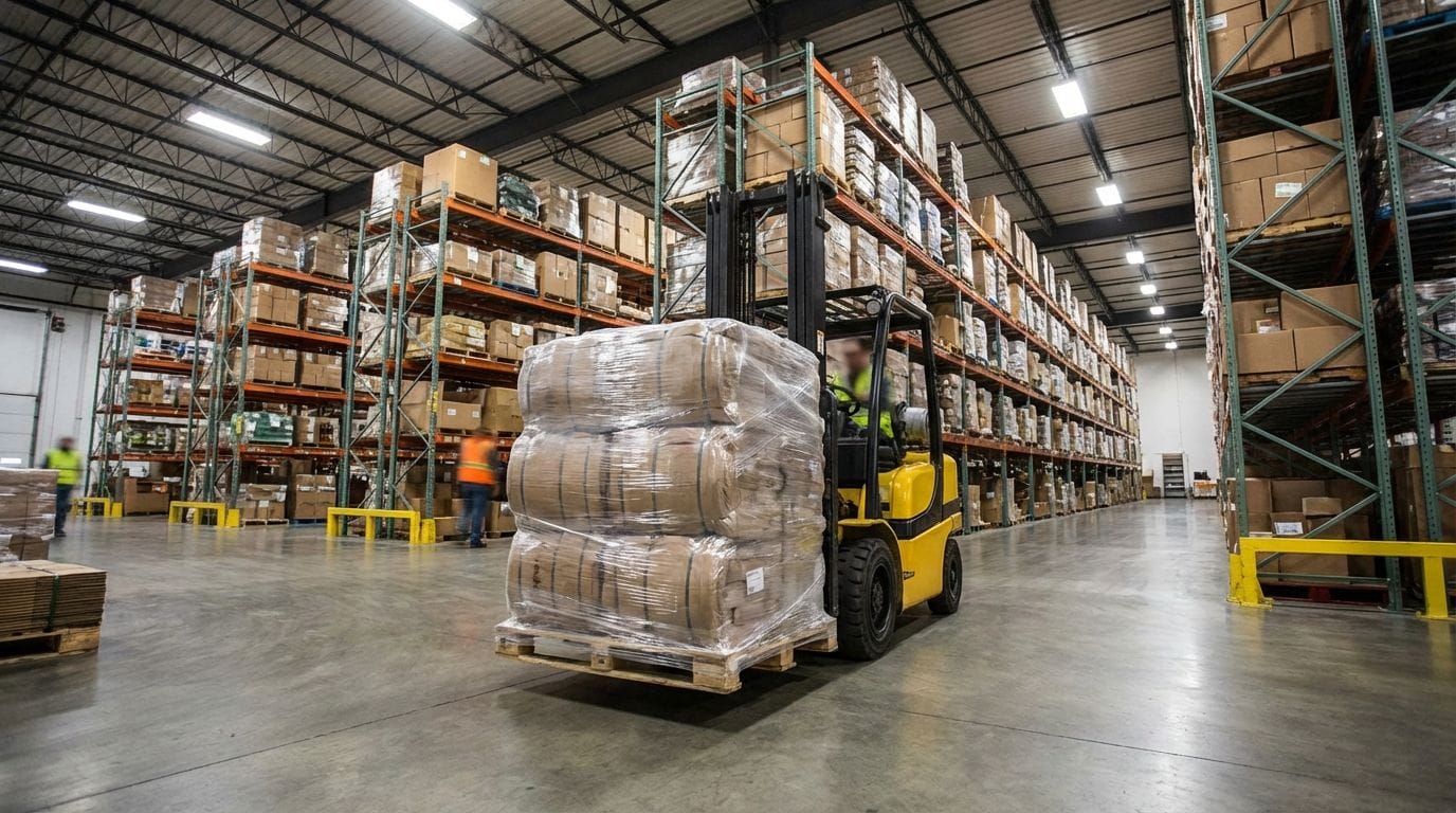 A forklift moving a pallet of wrapped industrial supplies in a large warehouse.