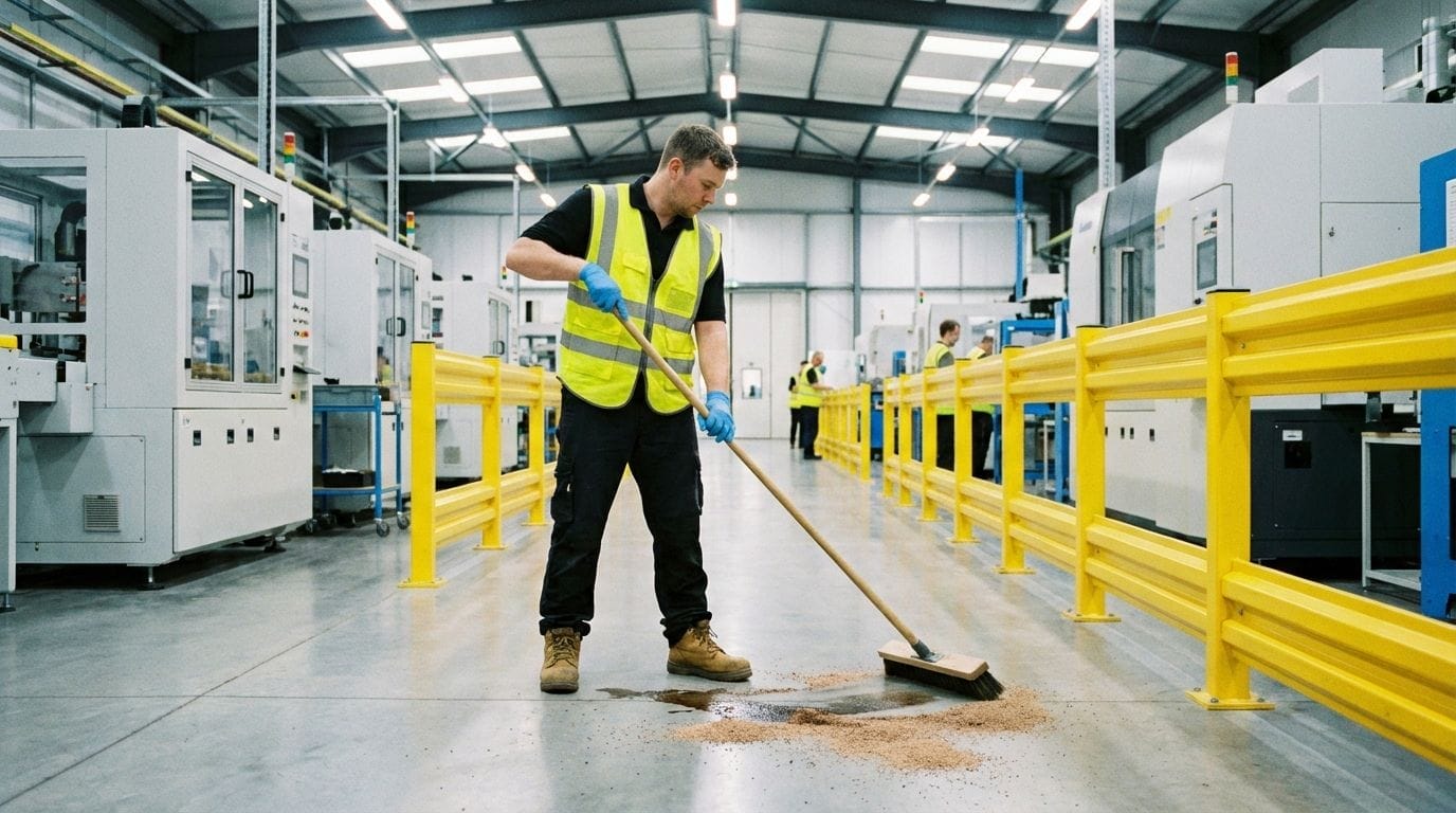 Worker sweeping granular adsorbent material across a shop floor