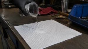 Hand pouring water onto an oil absorbent pad to test if it repels or absorbs water-compressed