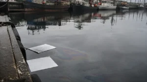 Oil only absorbent pads floating near an oil sheen at the edge of a harbor-compressed