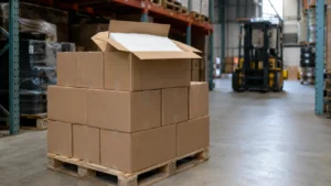 Pallet of boxed oil absorbent pads in a warehouse ready for bulk shipment