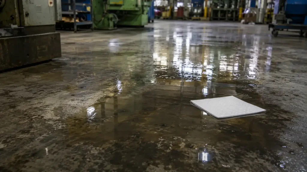 Wet industrial floor with an oil only absorbent pad floating on a puddle in the background-compressed