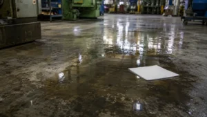 Wet industrial floor with an oil only absorbent pad floating on a puddle in the background-compressed
