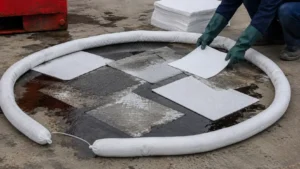 Absorbent socks containing a fuel spill while pads absorb the liquid inside the barrier