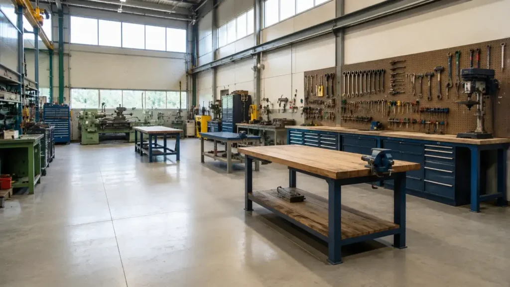 Clean industrial maintenance workshop interior with workbenches and tools-compressed