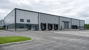 Exterior of a modern industrial facility building on an overcast day-compressed