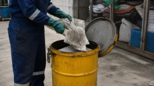 Fuel soaked absorbents sealed in a labelled metal waste drum stored outdoors