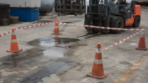 Fuel spill area cordoned off with cones and barrier tape during ignition source control