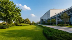 Green landscaped area beside a clean industrial site under blue sky-compressed