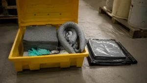 Industrial spill kit equipment in warehouse-compressed
