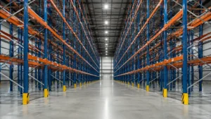 Interior of a clean distribution warehouse with tall steel racking-compressed