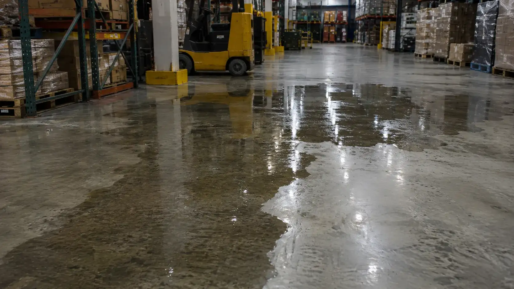 Large water spill spreading across a warehouse floor under overhead lighting