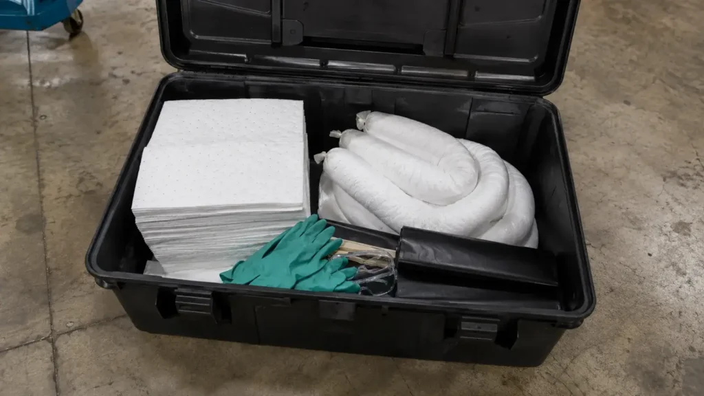 Open oil spill kit containing-compressed