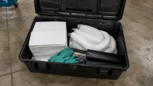 Open oil spill kit containing-compressed
