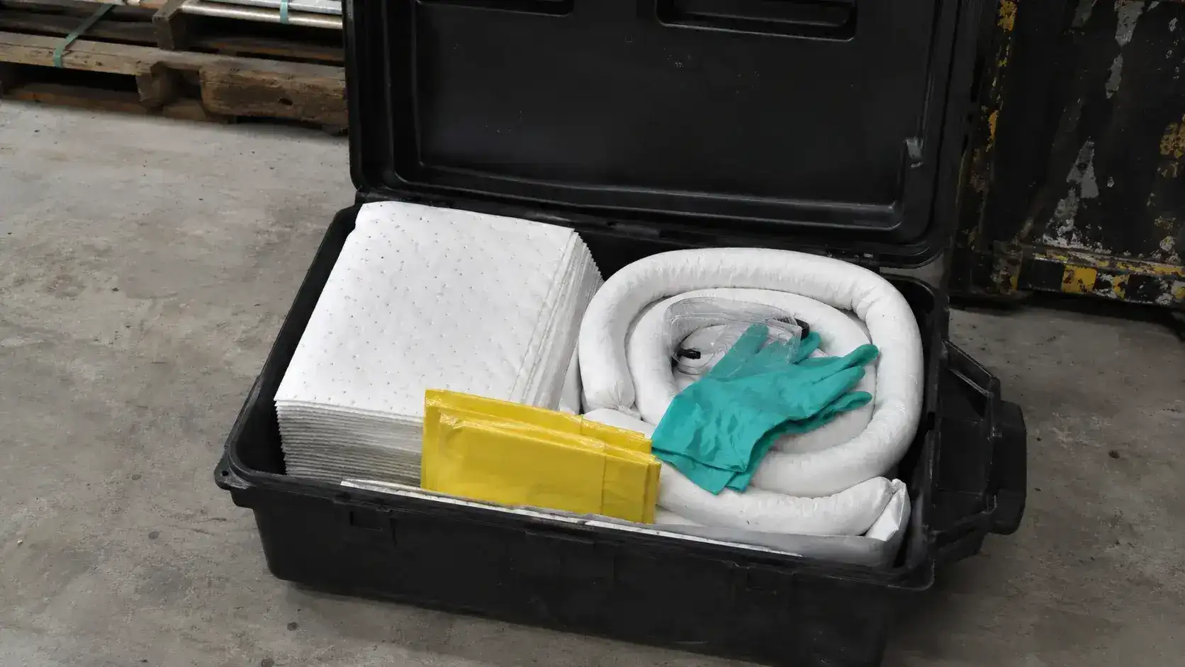 Open spill kit containing absorbent pads