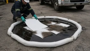 Pads being laid inside an established sock barrier to recover contained oil