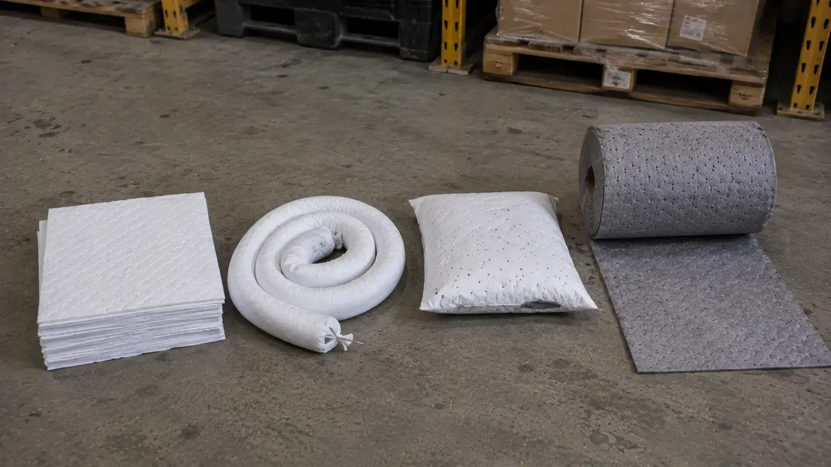 Pad, sock, pillow, and roll formats of industrial absorbents laid out together