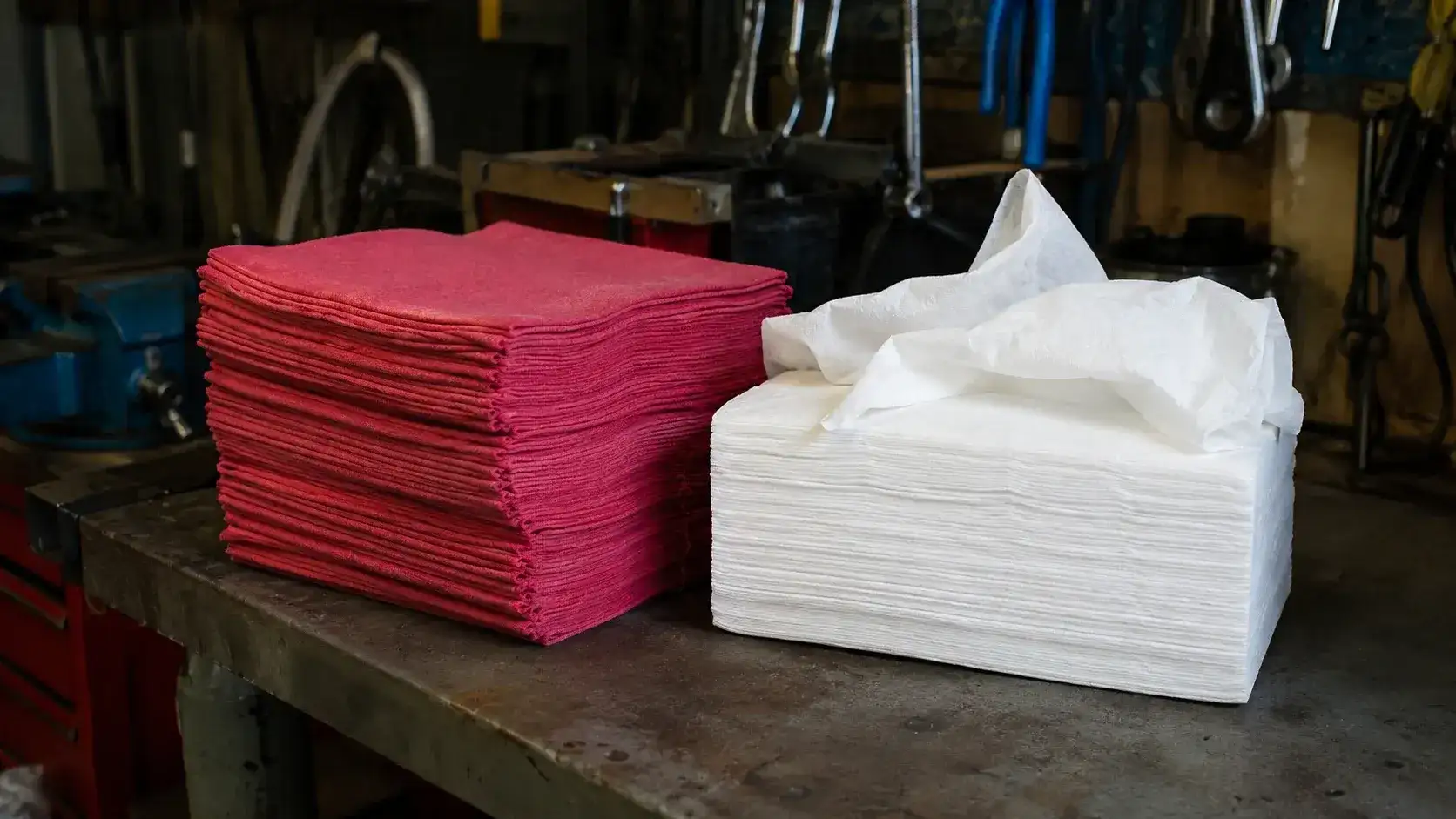 Red shop towels beside-