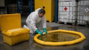 Responder in PPE containing a chemical spill-compressed