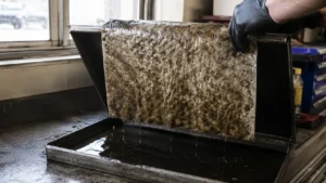 Saturated oil absorbent pad-compressed