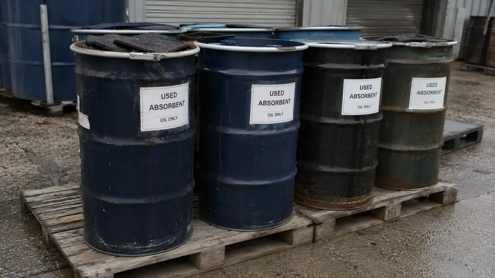 Sealed and labelled waste drums staged after a containment response