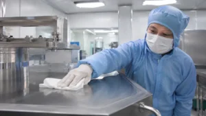 Technician in a cleanroom-compressed