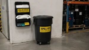 Wall-mounted spill kit station-compressed