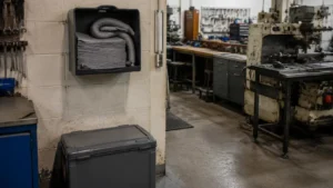 Wall-mounted universal spill kit station-compressed