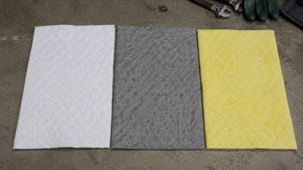White grey and yellow absorbent pads side by side representing the three absorbent grades