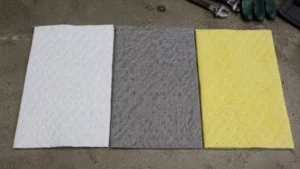 White grey and yellow absorbent pads side by side representing the three absorbent grades