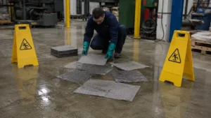 Worker absorbing a water spill with universal pads while wet floor signs warn traffic
