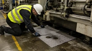 Worker placing industrial absorbent pads-compressed
