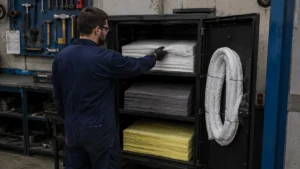 Worker selecting the correct absorbent grade from a colour separated spill station