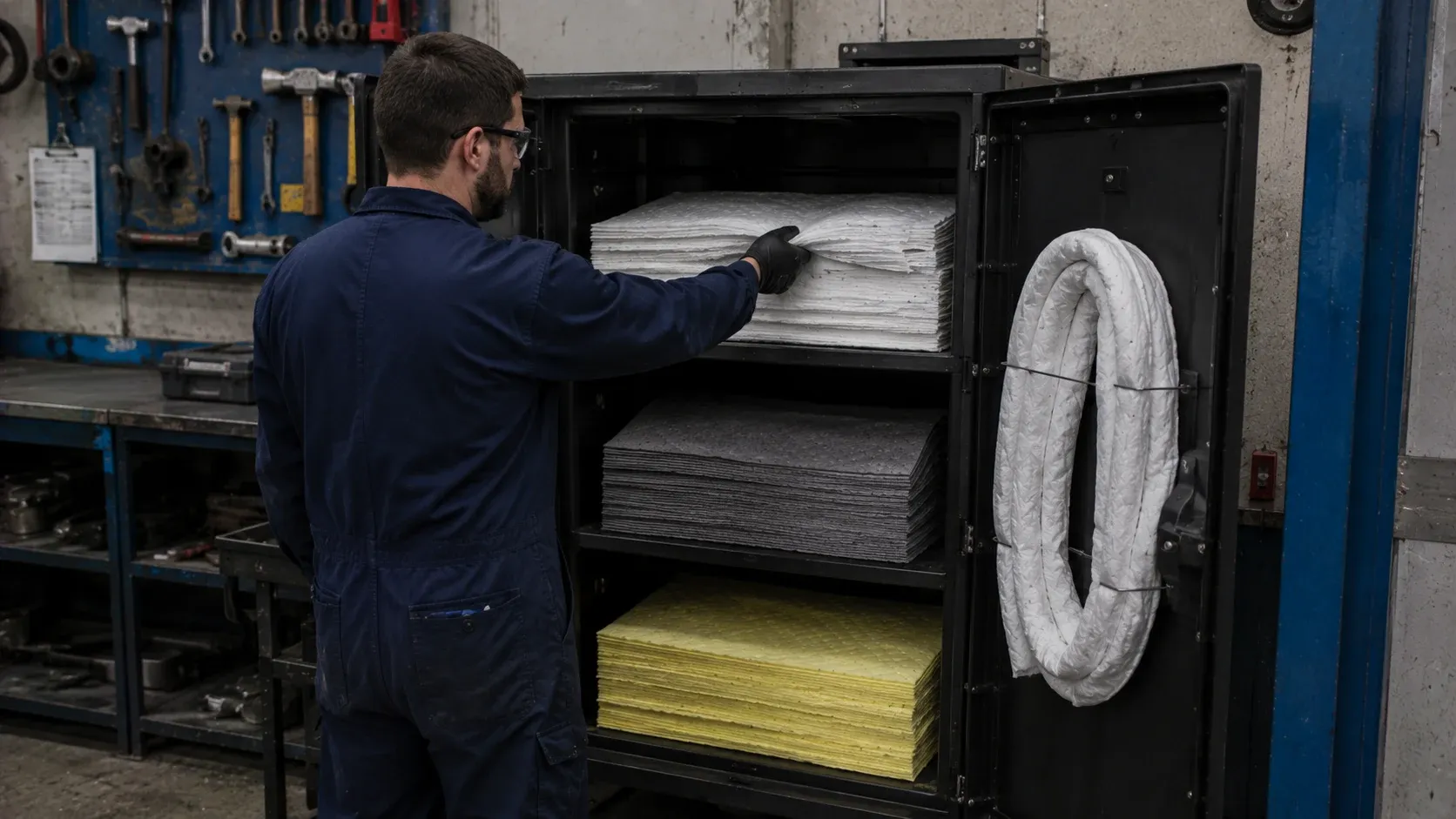 Worker selecting the correct absorbent grade from a color-separated supply shelf