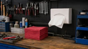 Workstation stocked with shop towels
