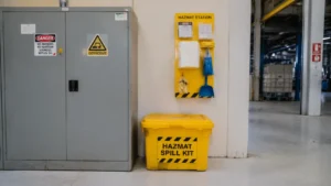 Yellow hazmat spill kit stationed-compressed