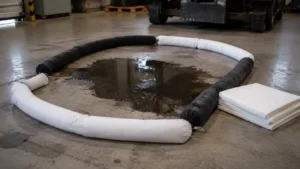 Absorbent socks forming a containment ring around a fuel spill on a concrete industrial floor