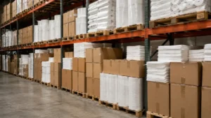Bulk cases of polypropylene absorbent pads stacked on warehouse shelving