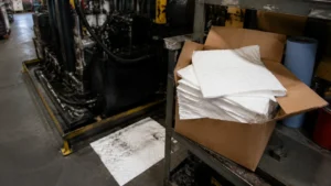 Case of oil-only absorbent pads stocked next to industrial hydraulic equipment in a maintenance bay