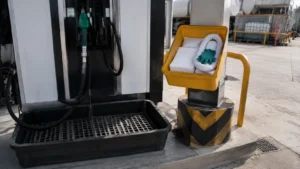 Drip tray and stocked spill kit positioned beneath a fuel dispensing point for spill prevention