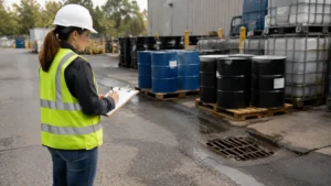 EHS manager performing SWPPP stormwater inspection at industrial facility