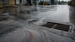 Industrial stormwater pollution runoff flowing toward a storm drain during rainfall