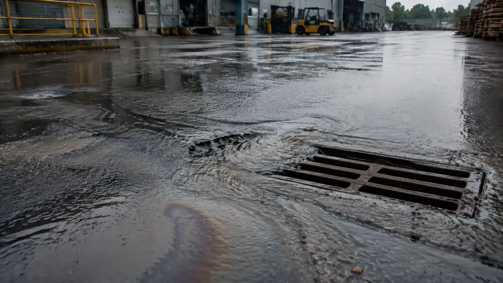 Industrial stormwater pollution runoff flowing toward a storm drain during rainfall