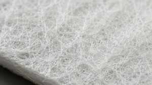Macro view of white meltblown polypropylene fibers used in oil absorbent pads